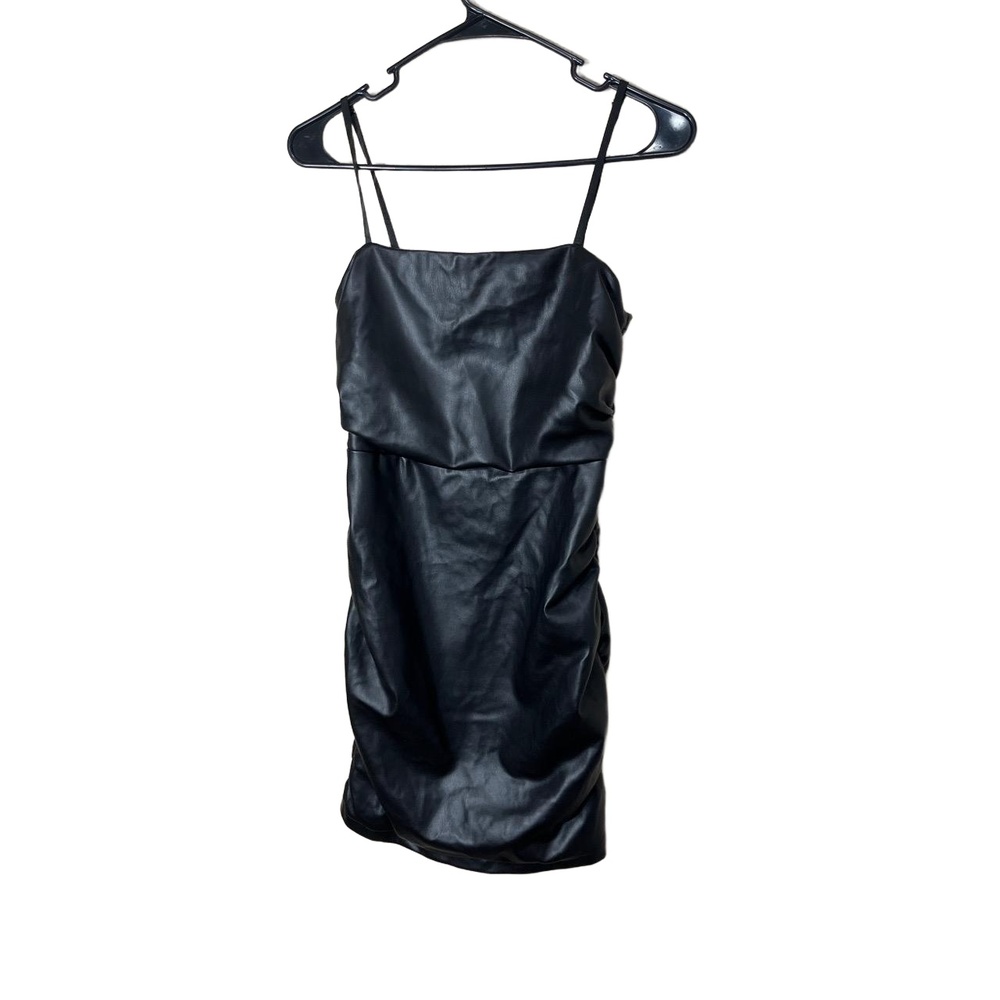Lulus Black Faux Leather Spaghetti Straps Mini Ruched Dress Small